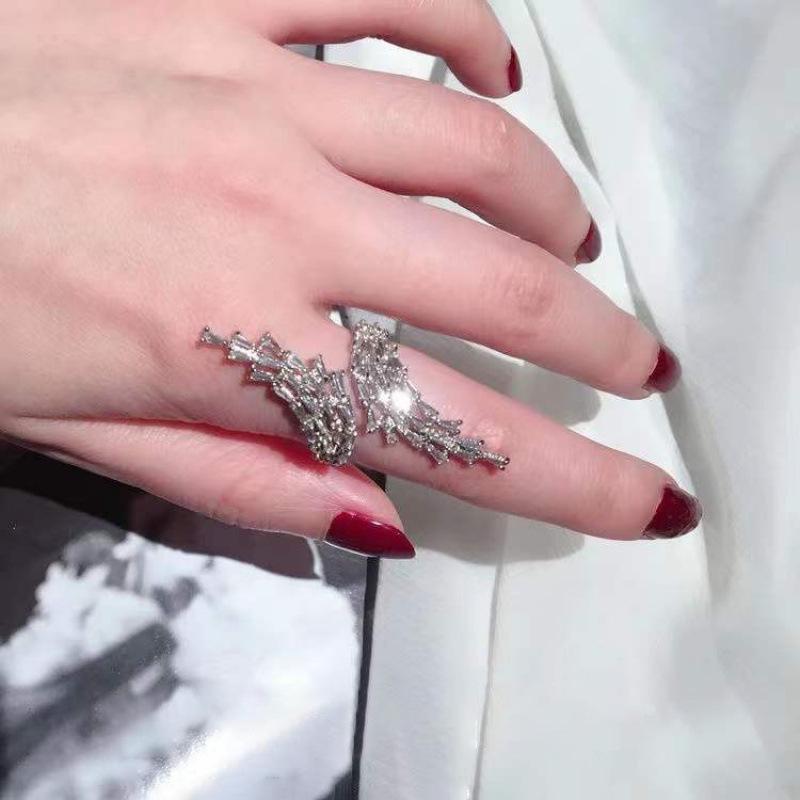 European High-End Zircon Feather Ring: Luxury Geometric Jewelry for Women Adjustable Open Size x908