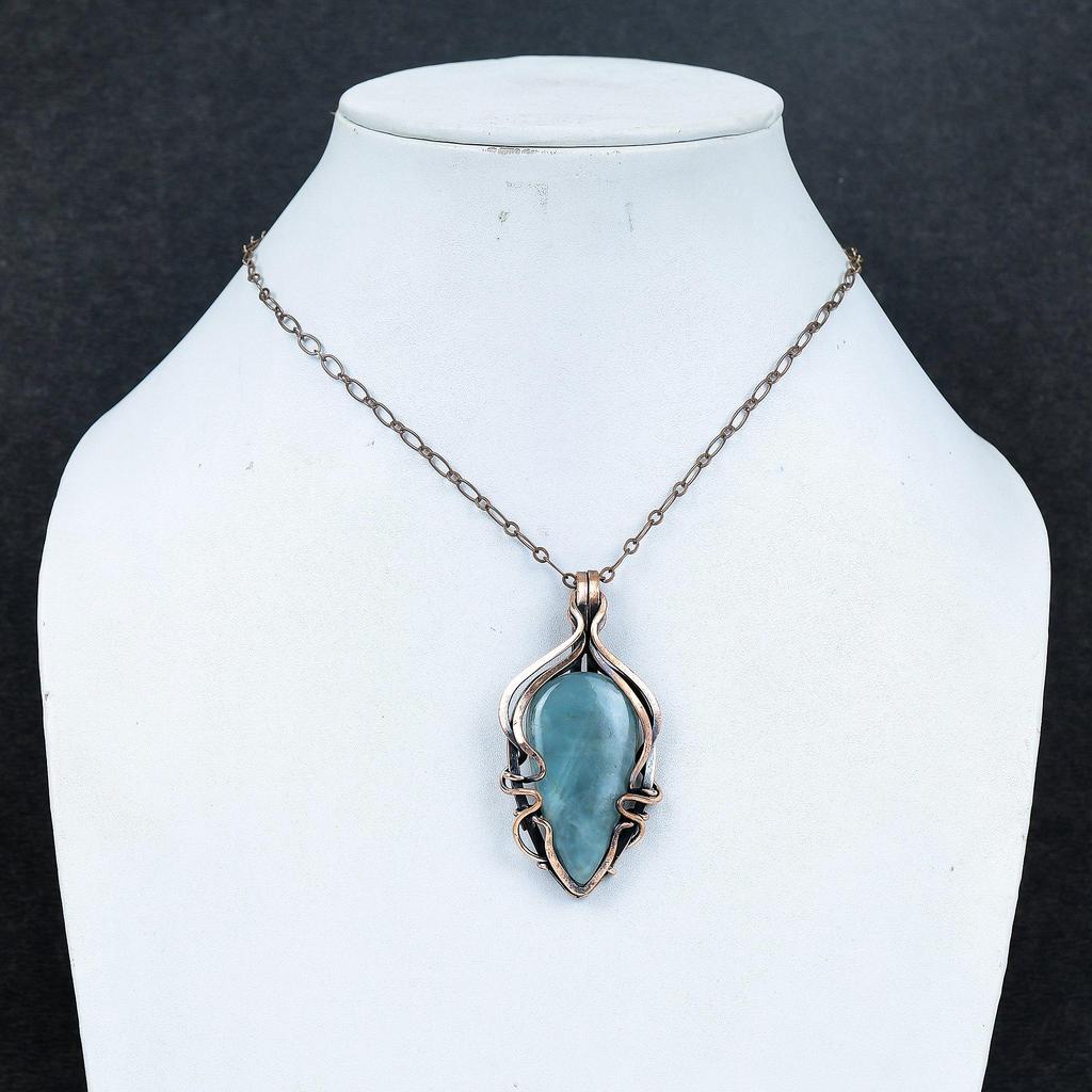 Aquamarine 999 Copper Wire Wrapped Pendant, Handmade Gemstone Jewelry Pendant For Memorial Day