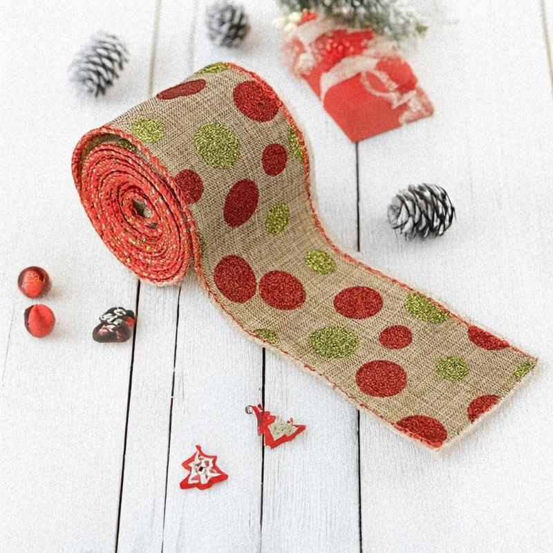 5Yards Round Dot Burlap Ribbon With Wire Edges For Christmas Tree Decorations Crafts Gift Wrapping