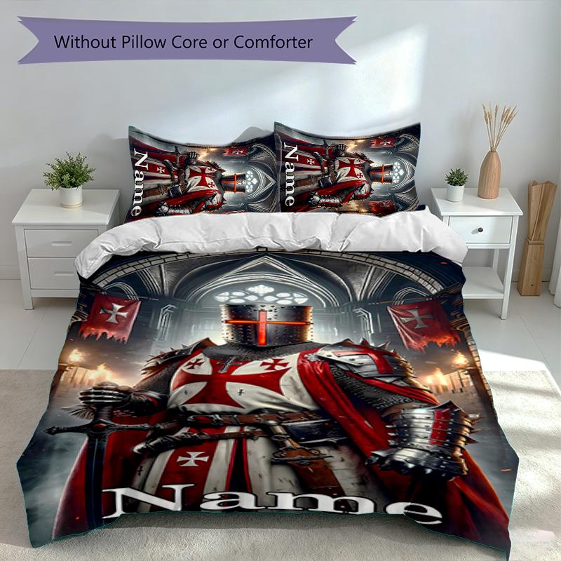 3pcs Custom Name Knights Templar Set,Includes 1 Duvet Cover and 2 Pillowcases,All-season Bedroom Decor