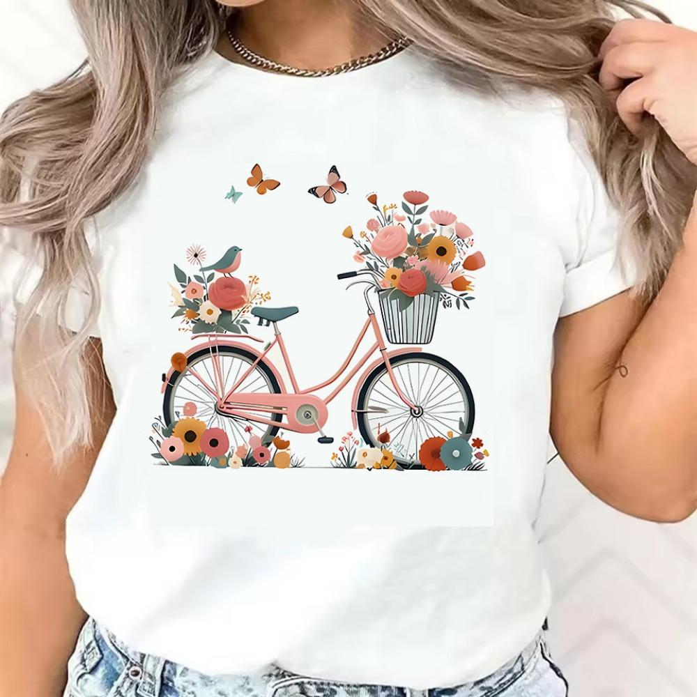 Flower Butterfly Pattern Bicycle Printed Casual T-shirt Pattern Printed Round Neck T-shirt Spring/Summer T-shirt