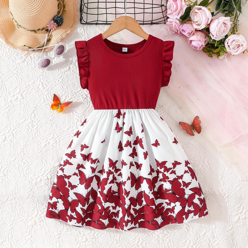 Girls' Sleeveless Butterfly Print Dress & Belt Set