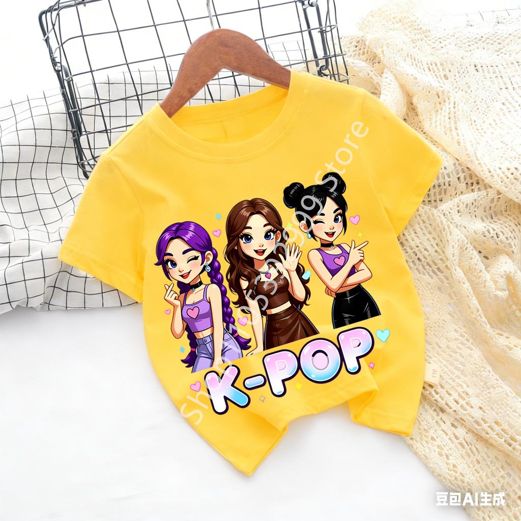 2026 Girls KPOP Idol Group Print Short Sleeve Boys and Girls TShirt Cute Cartoon Graphic Tee Kids Summer Casual Top