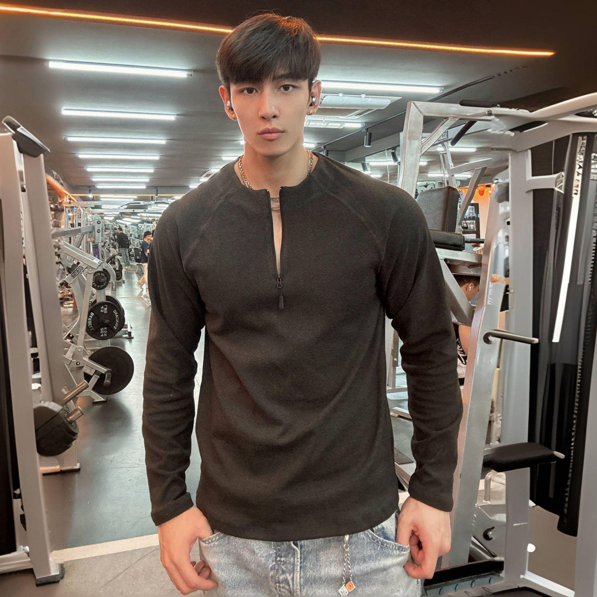 

Мужская футболка с длинным рукавом, облегающего кроя, с круглым вырезом на молнии до середины, для фитнеса осенью и зимой L темно-серого