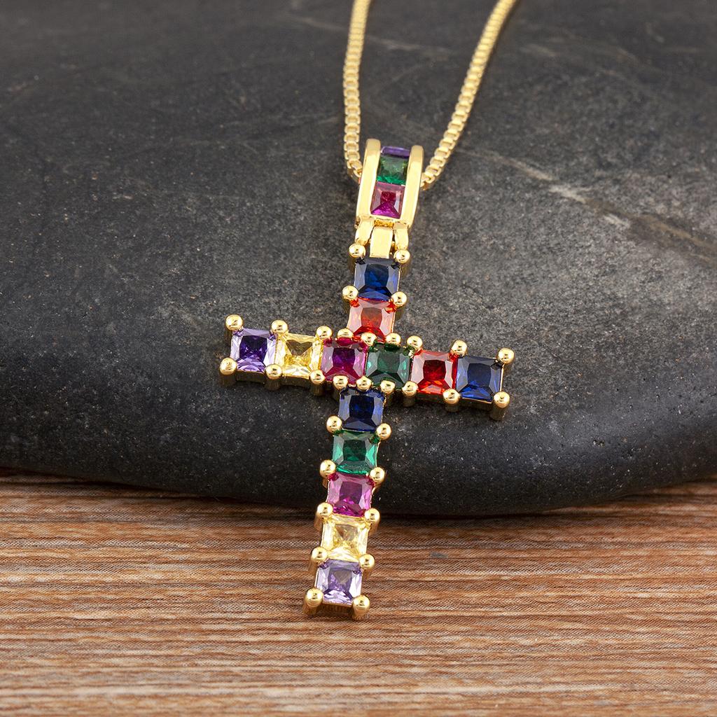 Nidin Hot Sale Square Shape Zircon Jesus Cross Pendant Necklace For Female Male Daily Party Charm Jewelry Wholesale Accessories