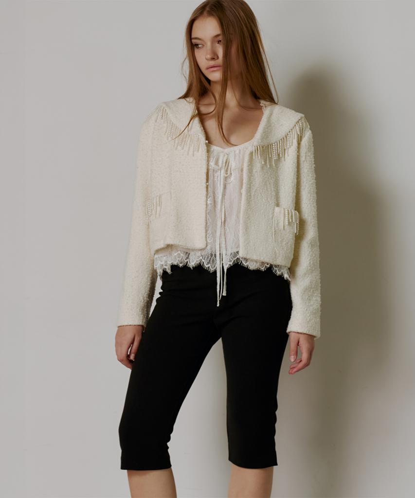 GANISONG Pearl Drop Tweed Jacket_Ivory