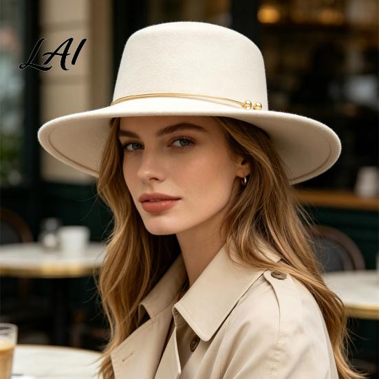 Sophisticated Daily Commuting Hat Retro Flat Top Hat Wool Felt Pork Pie Bowler with Outdoor Metal Ring Wide Brim Trilby for Women Men Autumn Winter