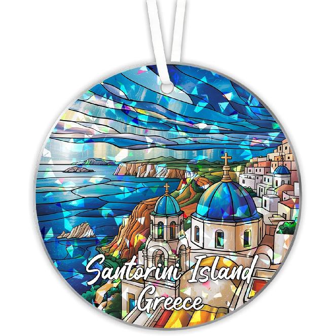 Santorini Island Greece Stained Glass Ornament, Hologram Suncatcher with 2-Sided Printing, Broken Glass Acrylic Tree Decoration, Hanging Car & Window