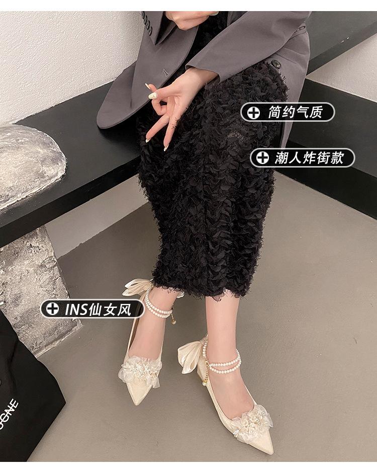 Spring 2025 New Apricot High Heels Women's Thick Heels Pointed Bridal Shoes Wedding Shoes Banquet Single Shoes Small Fragrant Style