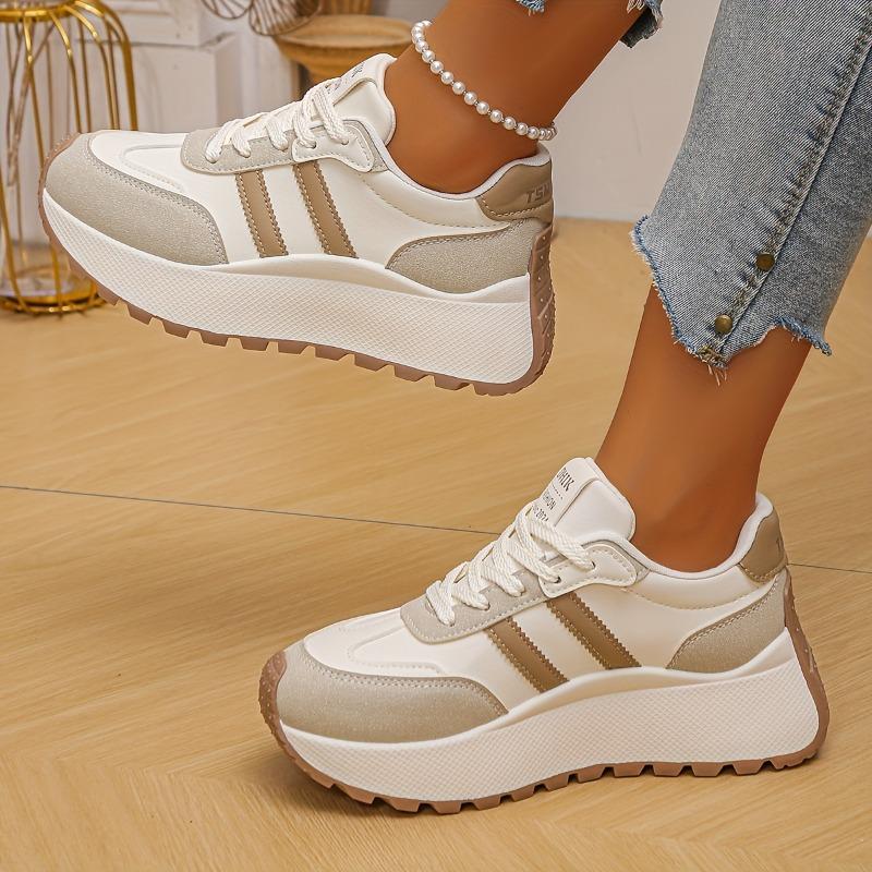 Women's Low-Top Sneakers - White & Beige Lace-Up Shoes, Synthetic Cover Upper, Cushioned Rubber Sole for Everyday & Formal Outfits - Fall Shoes