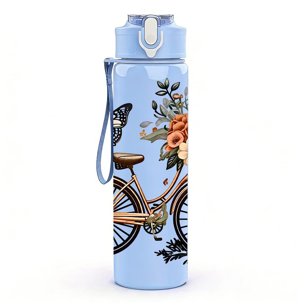 1PC Retro Bicycle Floral Basket 750ml Color Plastic Sports Water Bottle Leakproof Flip Straw Lid Suitable for Sports Office Home Use