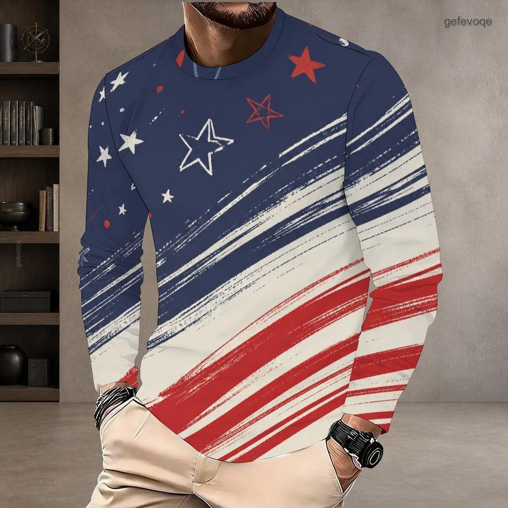 Men S Plus Size Round Neck Long Sleeve Printed T Shirt Red Blue White Casual Pullover