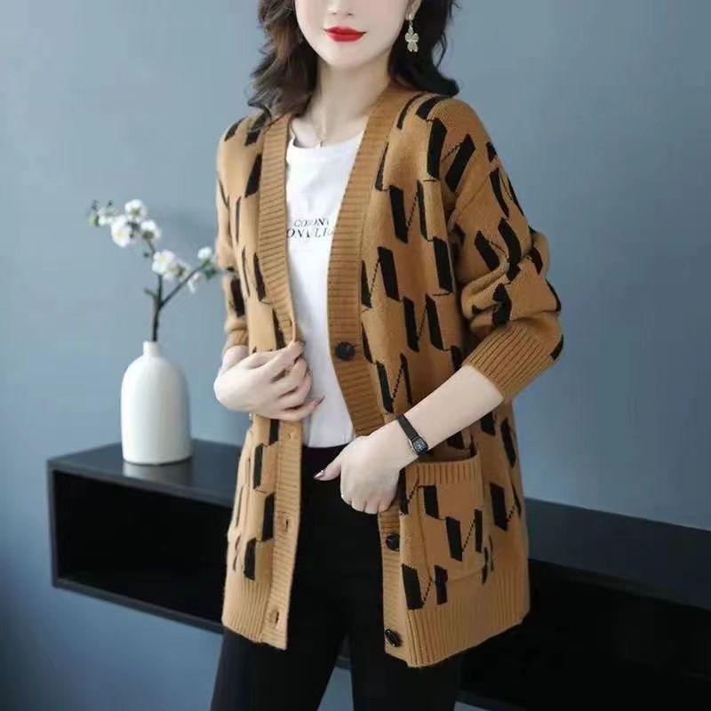 Herbst/Winter Damen Übergröße Strickjacke Pullover V-Ausschnitt Lockere Strickjacke Bedrucktes einreihiges Strickoberteil