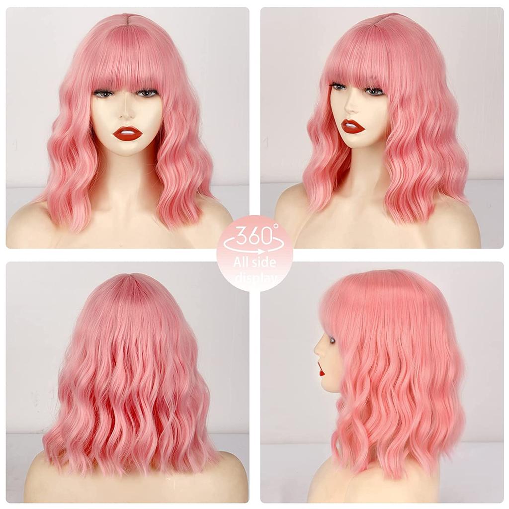 MERISIHAIR Short Pink Wigs with Bangs Wavy Pastel Pink Wig Synthetic Fiber Pink Wig for Girls Halloween Cosplay Party