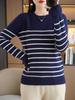Women's Designer Striped Wool Knit Sweater - Contrasting Colors, Round Neck