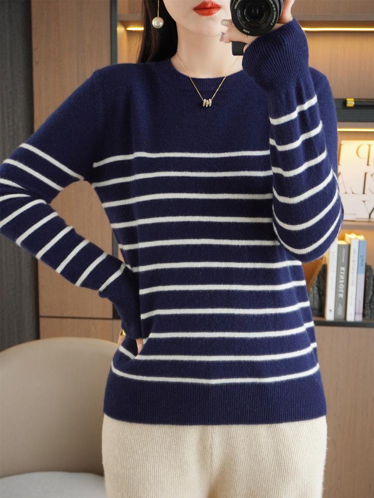 Women's Designer Striped Wool Knit Sweater - Contrasting Colors, Round Neck