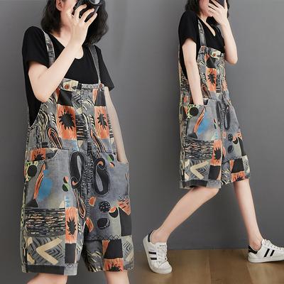 Kadın Yaz Moda Kore Ince Kot Şort Öğrenci Rahat Büyük Gevşek Vintage Baskı Askı Tulum Kadın streetwear