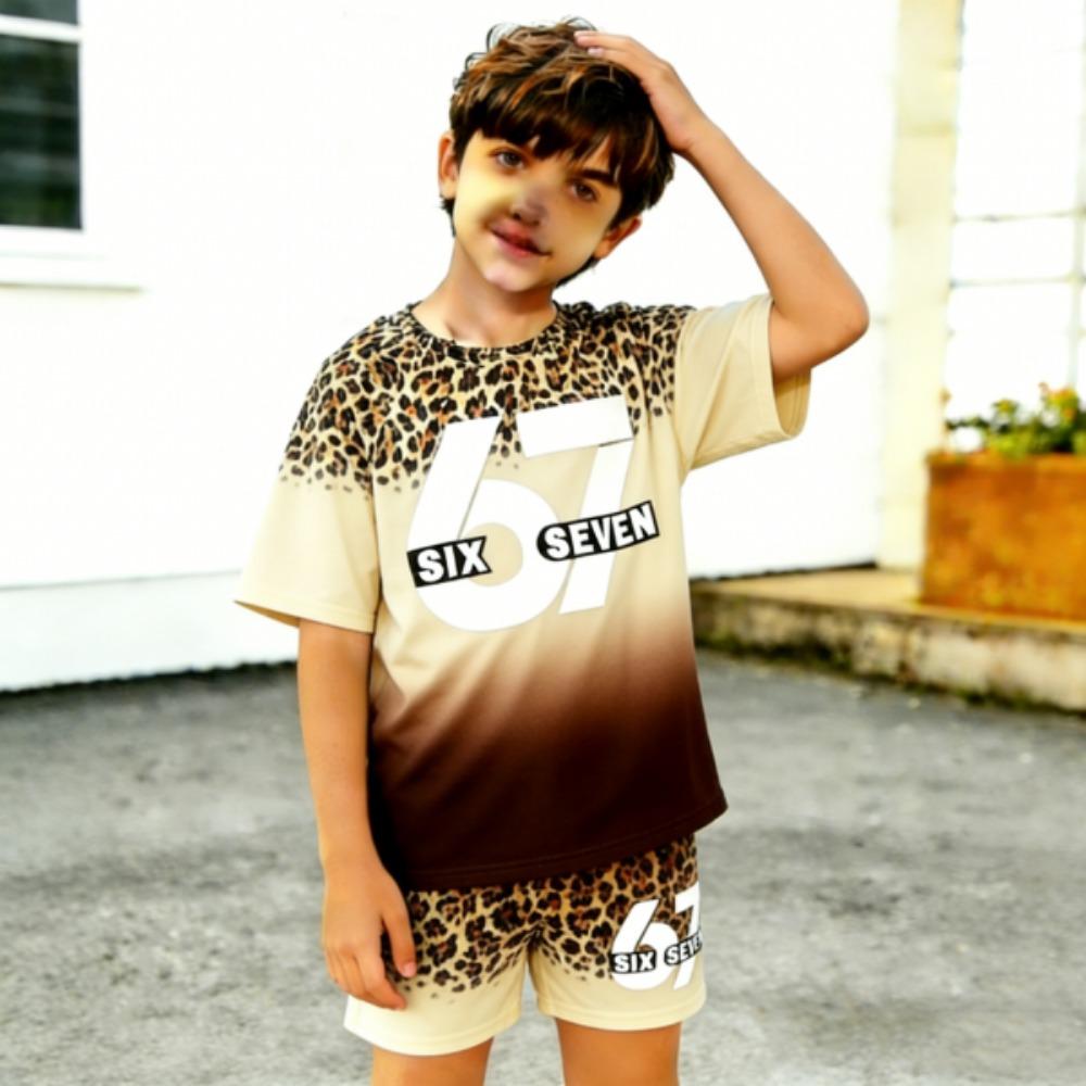 Fashion 67 Leopard Colorful Gradient Printed Kids T-shirt and Shorts 2 Piece Set Summer Casual Outfit for Boy's and Girl's Kids Clothing Top