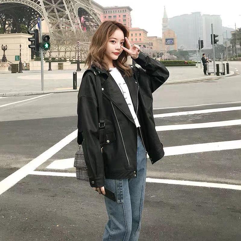Women's Thick PU Leather Motorcycle Jacket - Spring/Summer, Korean BF Style, Loose Fit, College Short Outerwear