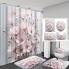 4Pcs Light Pink Cherry Shower Curtain Set with Non-Slip Bath Mat, Toilet Lid Cover, Contour Rug & 12 Hooks, Bathroom Decor