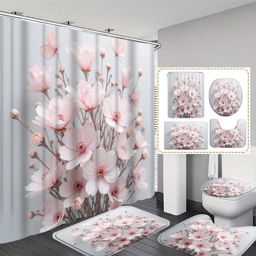 4Pcs Light Pink Cherry Shower Curtain Set with Non-Slip Bath Mat, Toilet Lid Cover, Contour Rug & 12 Hooks, Bathroom Decor