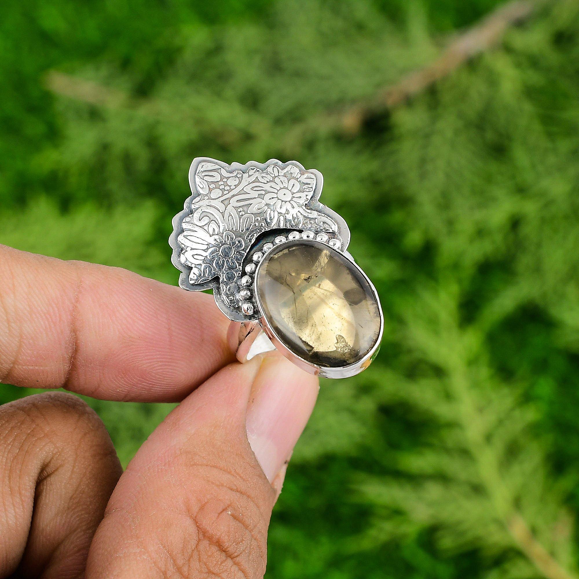 

Сделка ко Дню матери Натуральный Дымчатый Кварц Заявление Кольцо Ювелирное изделие 925 Стерлинговое Серебро Adjustable