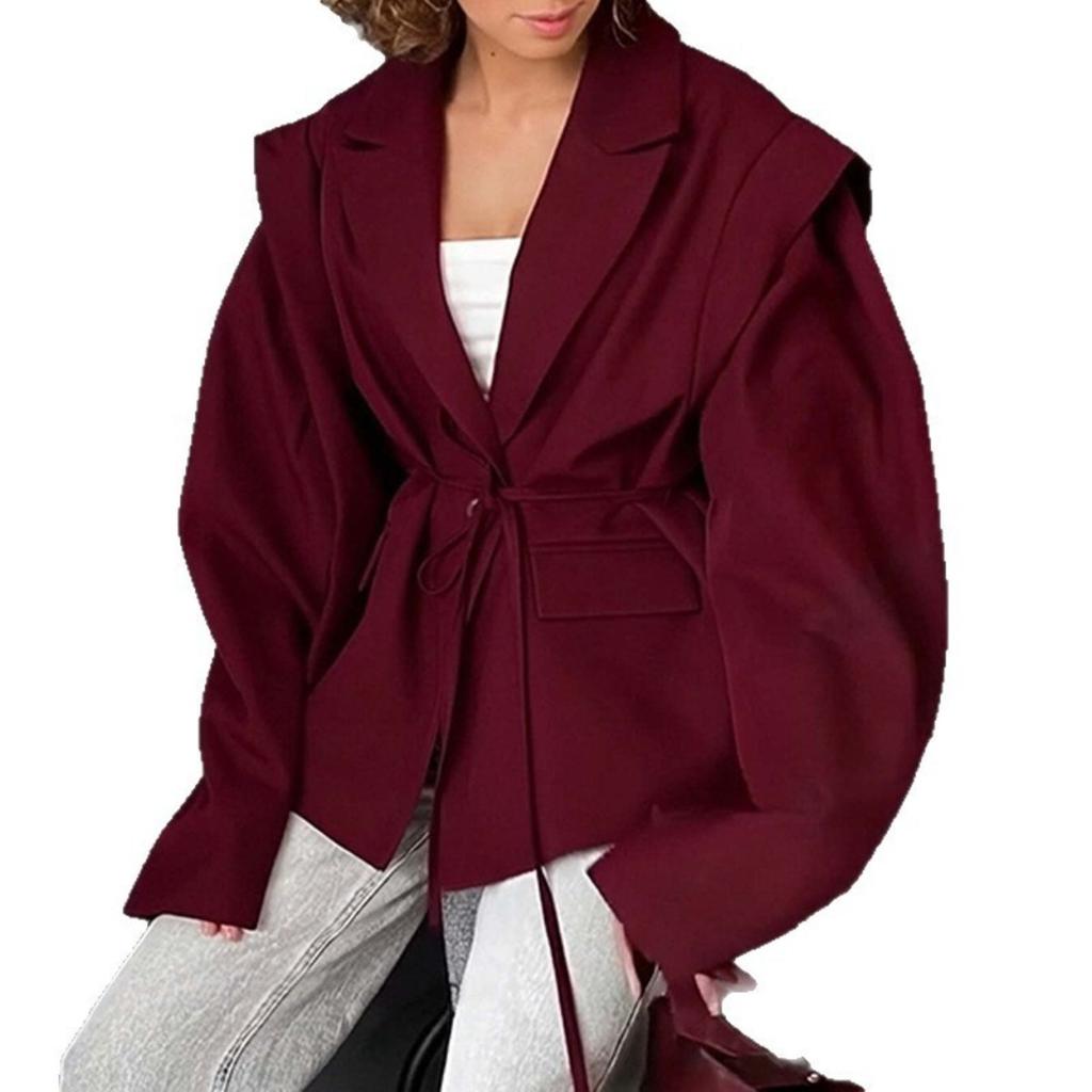 Spring Autumn Women's Waisted Lace-up Padded Blazer, Elegant Commute High-end Casual Blazer for Women