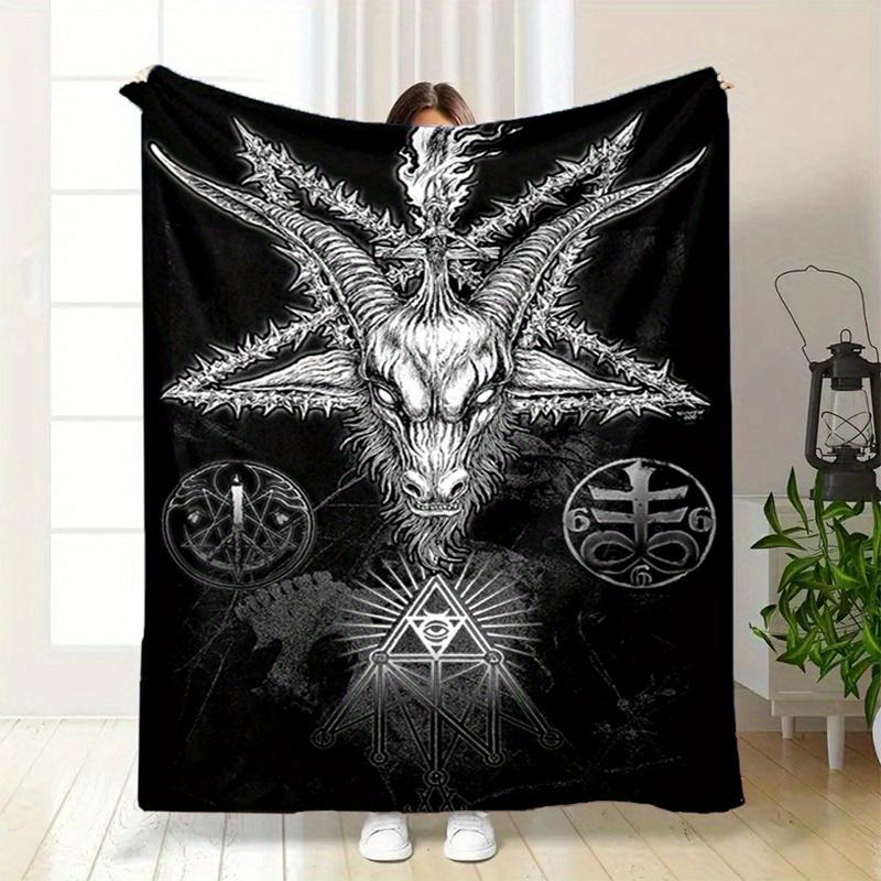 Satanic Goat Head Flannel Blanket – Soft, All-Season Black & White Mystical Pattern with Pentagram & Flames, Gothic Home Decor