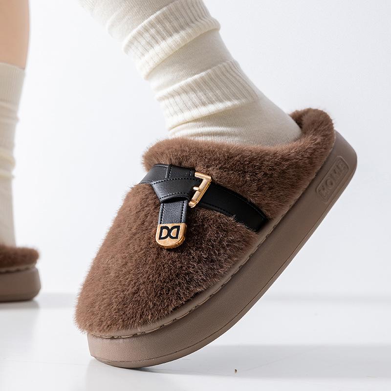 Plüsch-Baumwollpantoffeln Herbst und Winter dicker Boden rutschfest, Plüsch warm, kein Haarausfall modische Gürtelschnalle Baumwollmopp