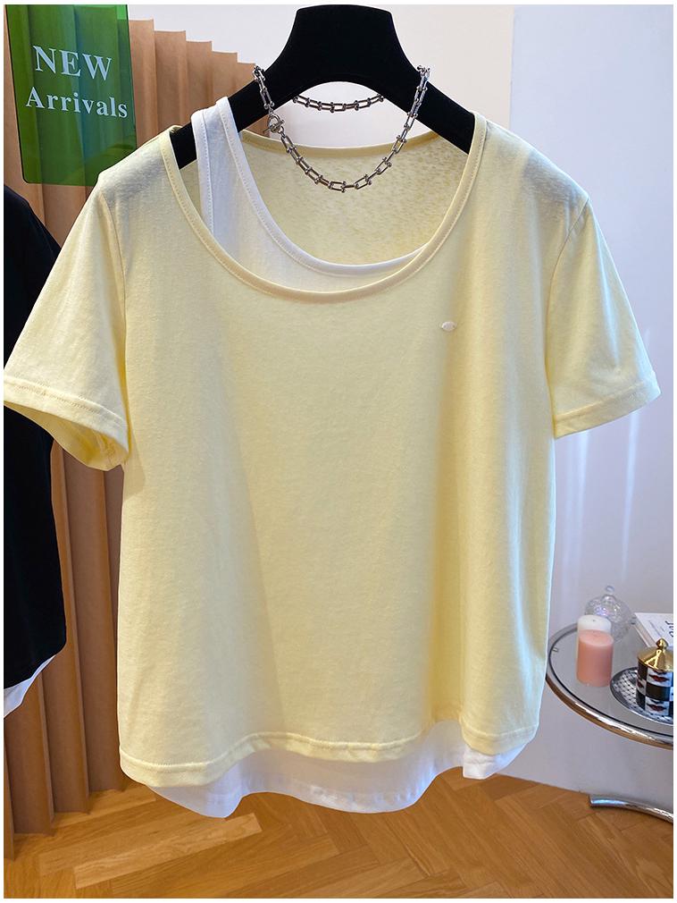 Plus Size Korean Snowflake Cotton Two-Piece Look T-Shirt, Women's Short Sleeve, Loose Casual Top (2026)