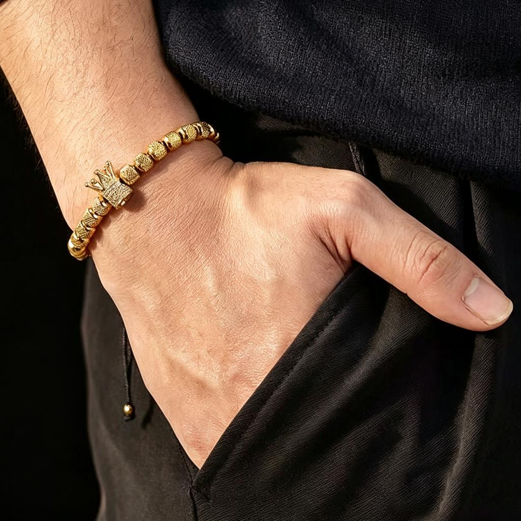 Stainless Steel 18K Gold Plated CZ Crown Pineapple Bead Bracelet, Woven Rope, Waterproof Tarnish-Free, Men's Jewelry