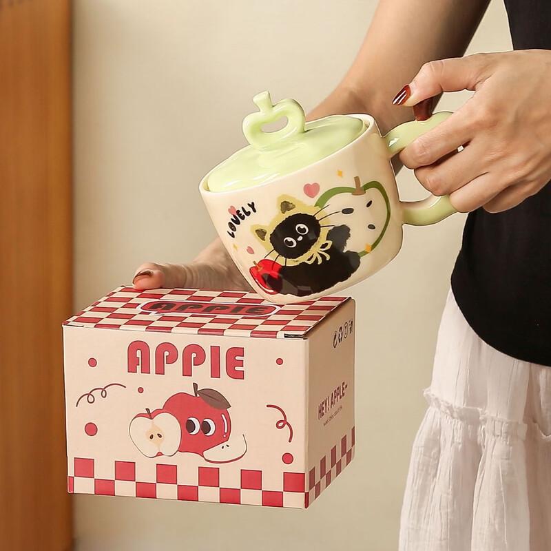 OLOEY Cartoon Cat Apple Ceramic Mug with Lid
