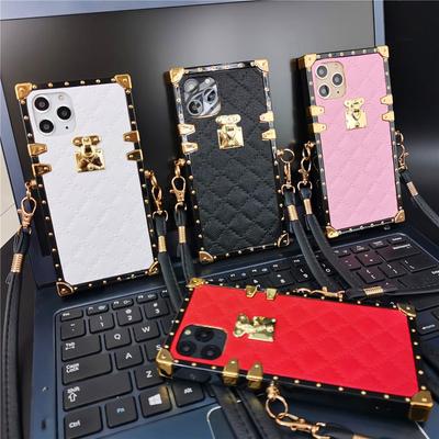 Lambskin Square Leather Lanyard Case For Samsung Z Flip 4 S23 S22 S21 Ultra A13 A23 A33 A53 A73/Redmi 10 9 9A 9c 9T/iphone 14 13 12 11/TCN SPARK6 GO