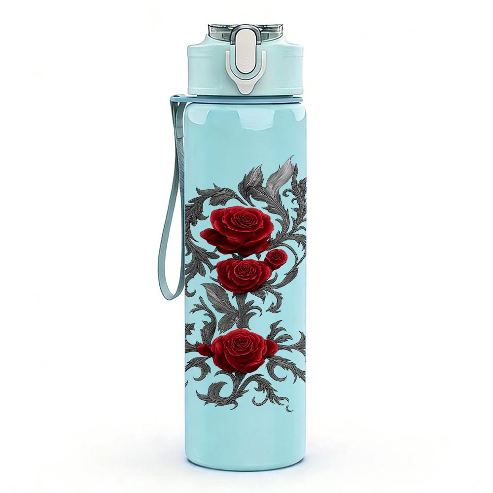 1PC Red Rose Dark Vintage Art Print 750ml Color Plastic Sports Water Bottle Leakproof Flip Straw Lid Suitable for Sports Office Home Use