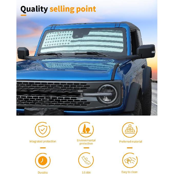 Hoolcar Windshield Sunshade Fit for Ford Bronco Accessories 2021 2022 2023 2024 2025 2026 Sun Shade Heat Shield Sun Visor for Bronco, US Flag