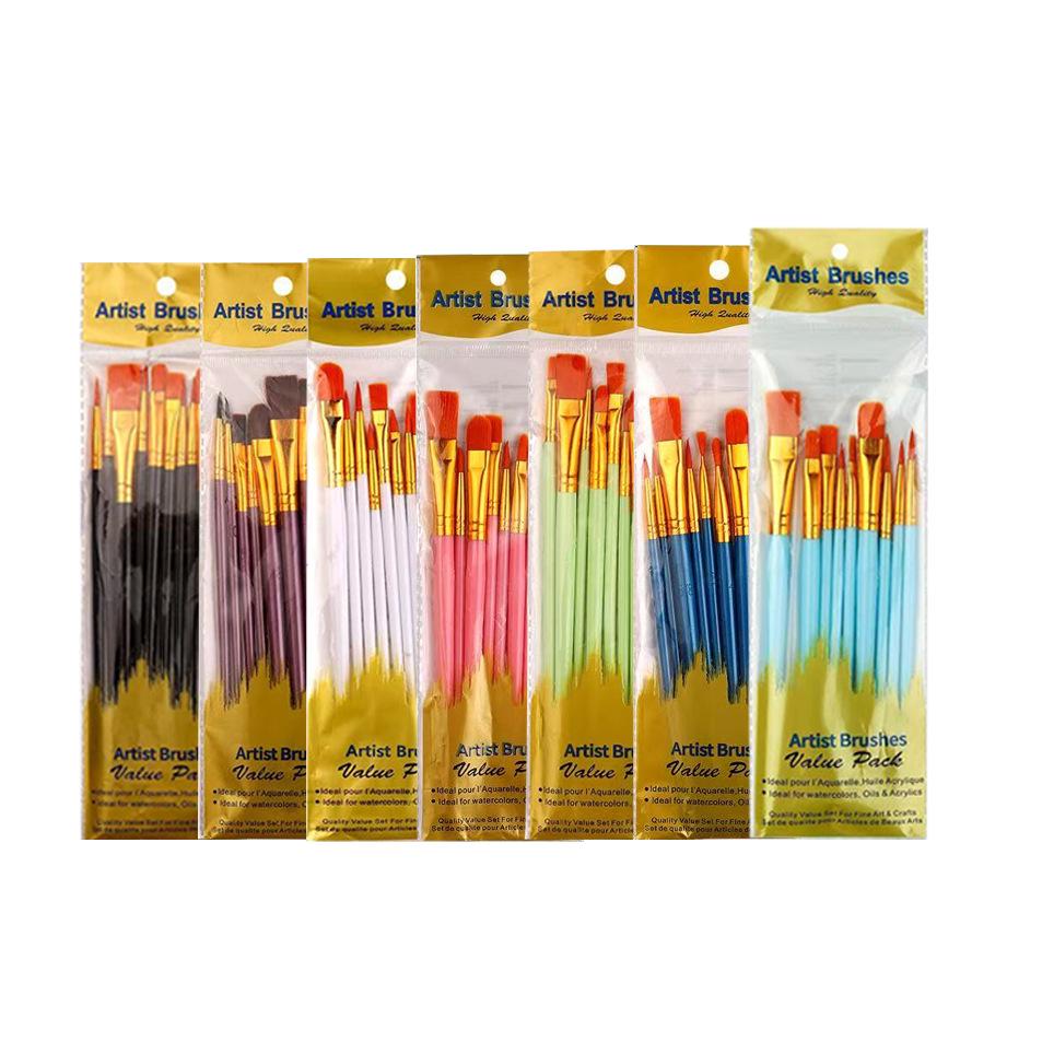 10-Piece Nylon Hair Paint Brush Set with Pearlescent Handles for Oil, Acrylic, Watercolor, and Gouache