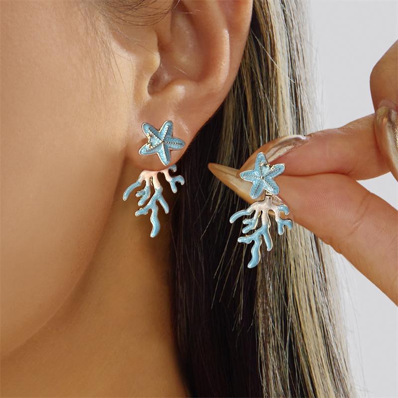 Colorful Zircon Starfish Long Tassel Dangle Earrings for Women Bohemian Coral Shell Earrings Summer Beach Party Jewelry