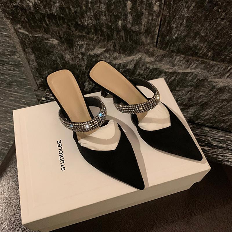 Grape mom studiolee French elegant pointed sandals diamond strap one pedal thick heel half slippers women spring summer
