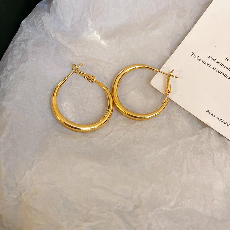 Gold French Simple Round Plain Ring Earrings Light Luxury Earrings Hong Kong Style Earrings