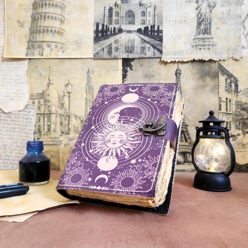 Vintage Sun Moon Leather Journal  Handmade  200 Deckle Edge Pages  C-Lock