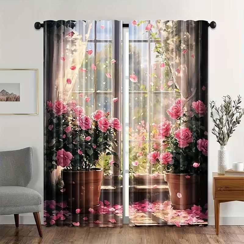 2 Pcs Windowsill Rose Print Curtains,suitable for Bedroom,living Room Kitchen Decoration,home Decoration,window Decoration