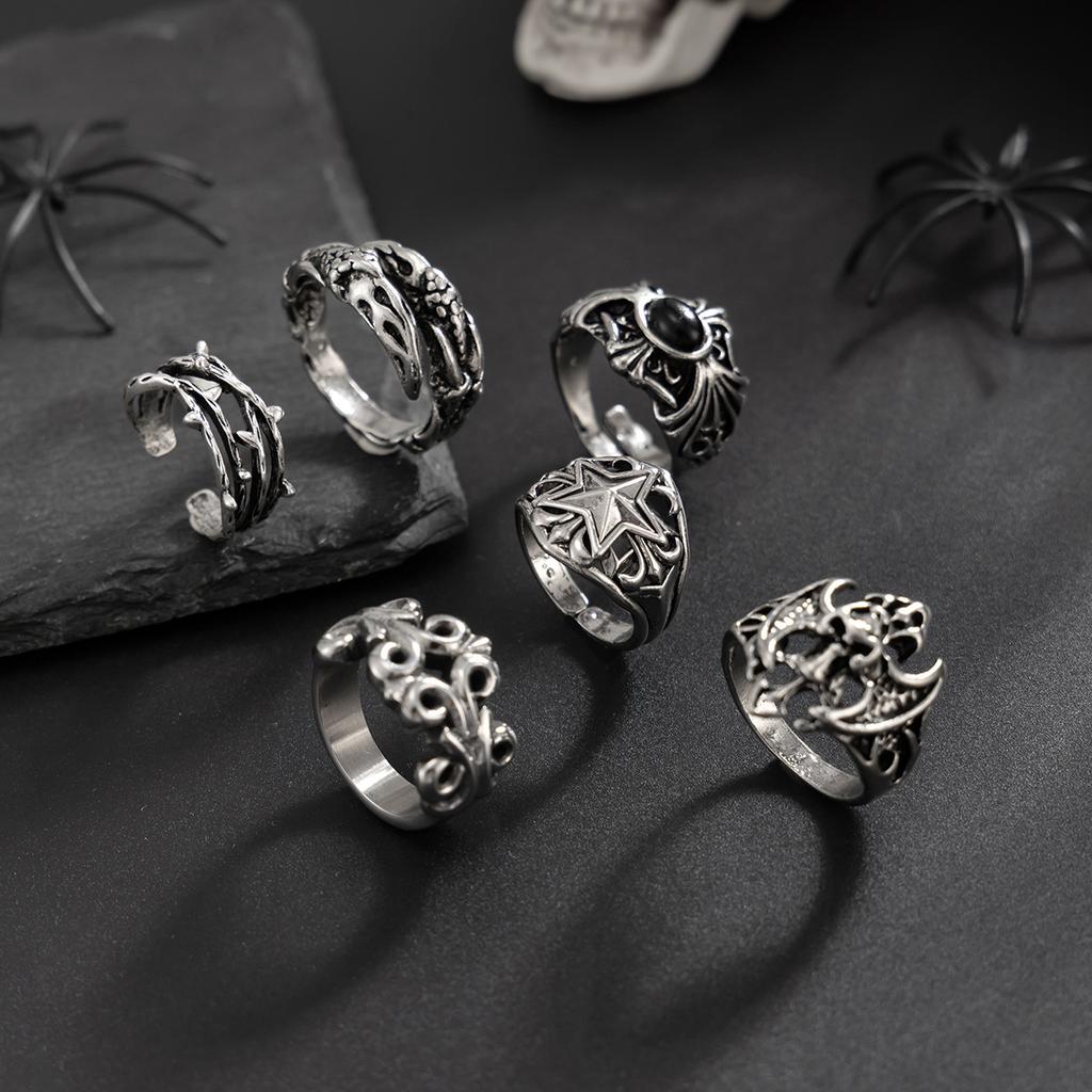 6Pcs Antique Silver Open Ring Set Male, Hip Hop Diablo Exaggerated Ring Accessories Gift