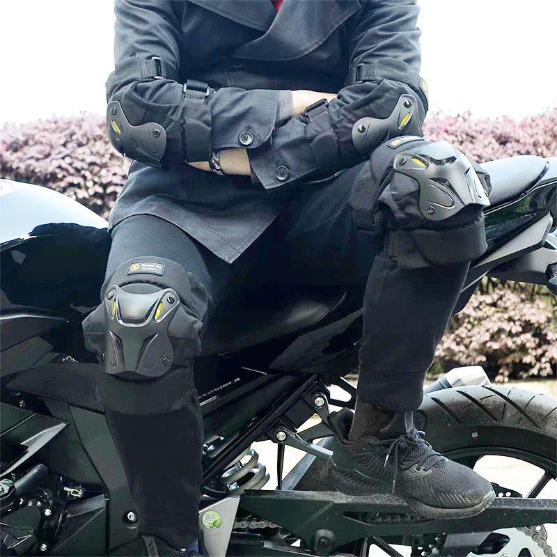 Ginocchiere e gomitiere per motociclette, per equitazione, sport all'aria aperta, doppie cinghie, comfort regolabile, assorbimento degli urti, quattro stagioni, universale
