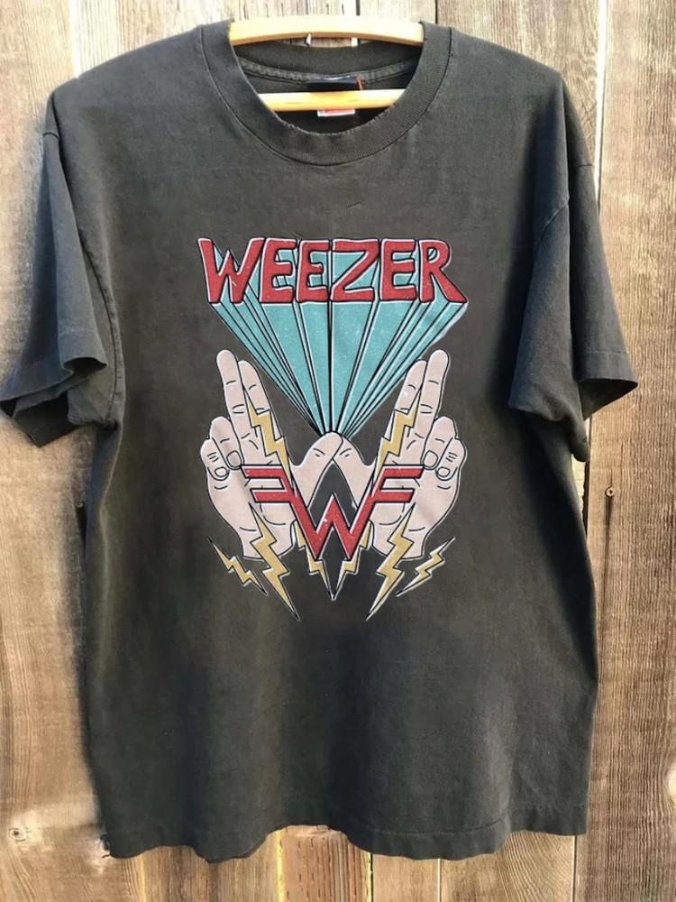 Weezer Band Men#039s TShirt W Hand Sign Graphic Tee 90s Charcoal Full sizes PA6914 XXL