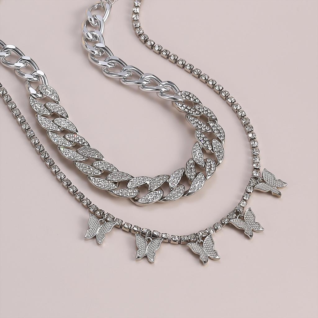 Jewelry, personalized handmade micro-inlaid exaggerated thick chain necklace, vintage Cuban chain butterfly fringed necklace