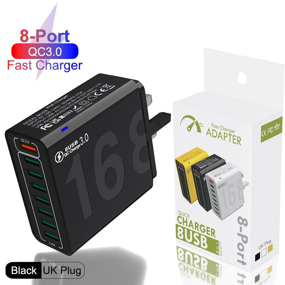 8-Port QC3.0 Fast Charging Travel Charger for Europe, America & Korea - Mobile Phone Charger