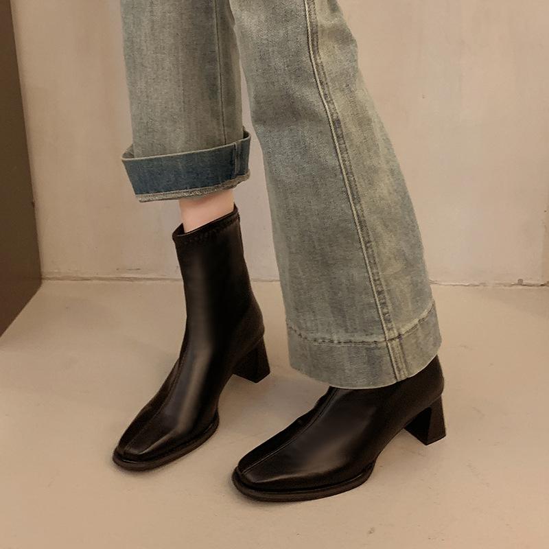 High-heeled Short Boots Women's 2025 New Spring and Autumn Single Boots Thick Heel French Small Ankle Boots Rear Zipper Square Head Elastic Thin Boots