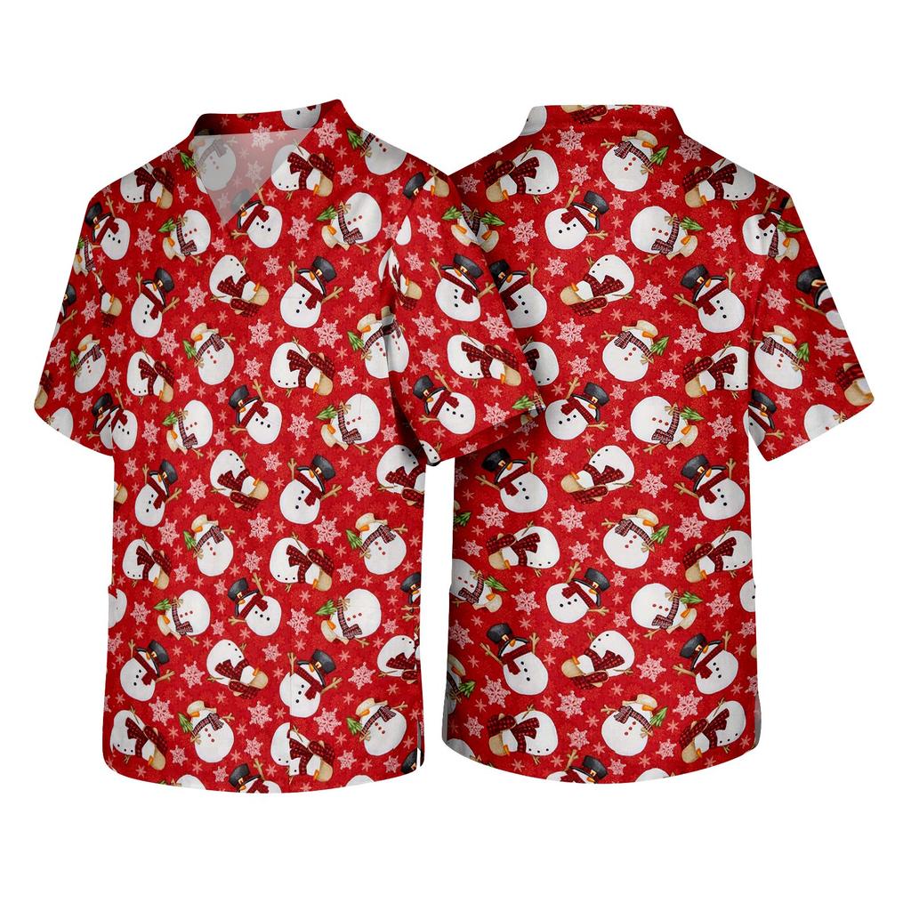 Men's Christmas Theme Caregiver Uniform, Holiday Scrub Top for Nurses and Workers