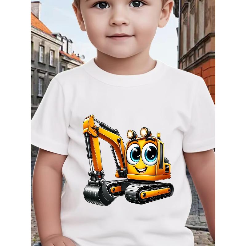 European sizes Spring Summer Children Boys Anime Excavator T-Shirt Cute Round Neck Patchwork Short Sleeve Top Boy Casual Home Wear Back to School Gift