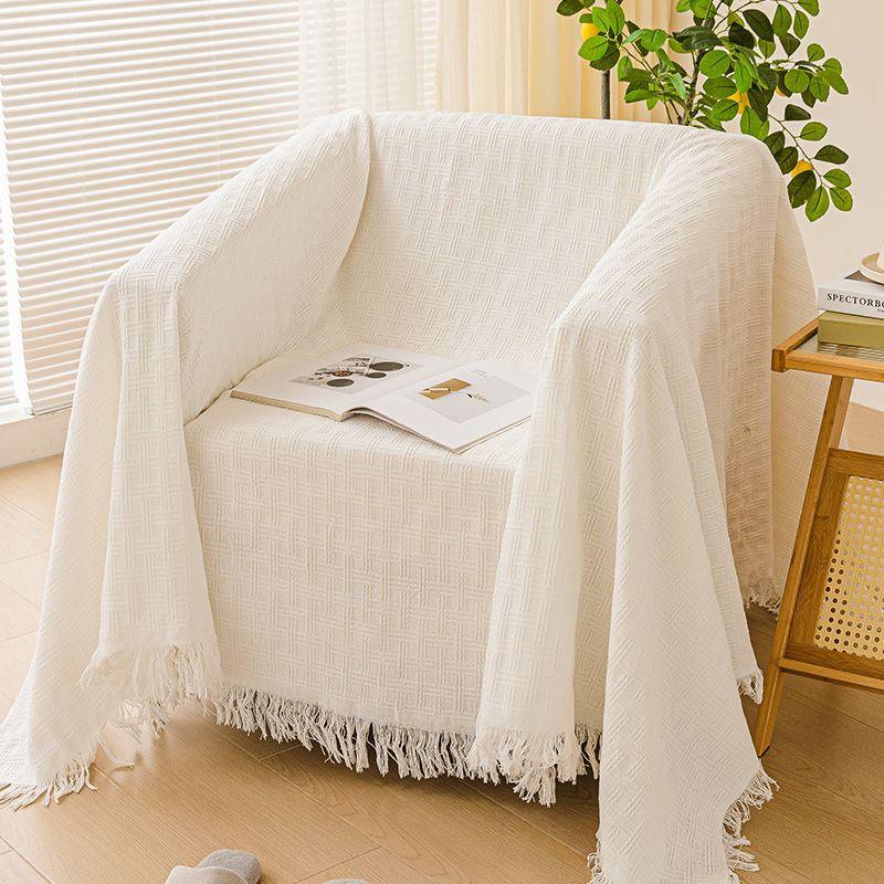 

Minimalist Sofa Towel Cover Cloth Non Slip Double Seat Cover Blanket Sets of Blanket Pastoral Fabric Dust Cover Thickened Tassel White tic-tac-toe 90 * 90cm